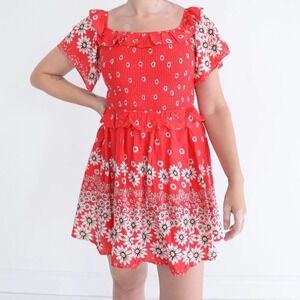 Loveriche Red Floral Smocked  Bodice Fit Flare Summer Sun Mini Dress M